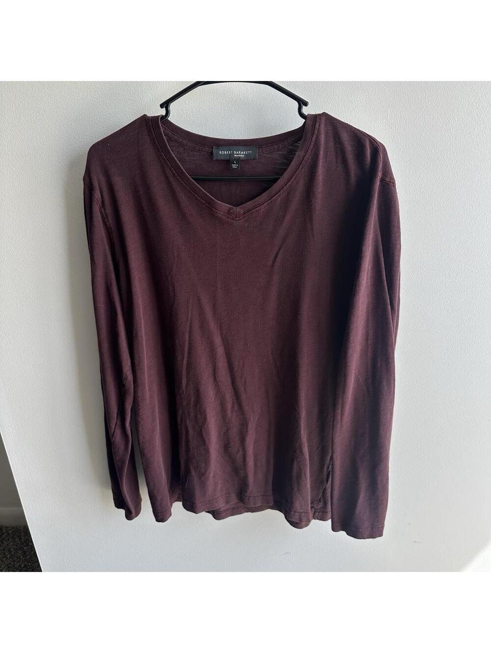 Robert Barakett Mens Long Sleeve V-Neck Cotton Slub Tee Burgundy Maroon Large